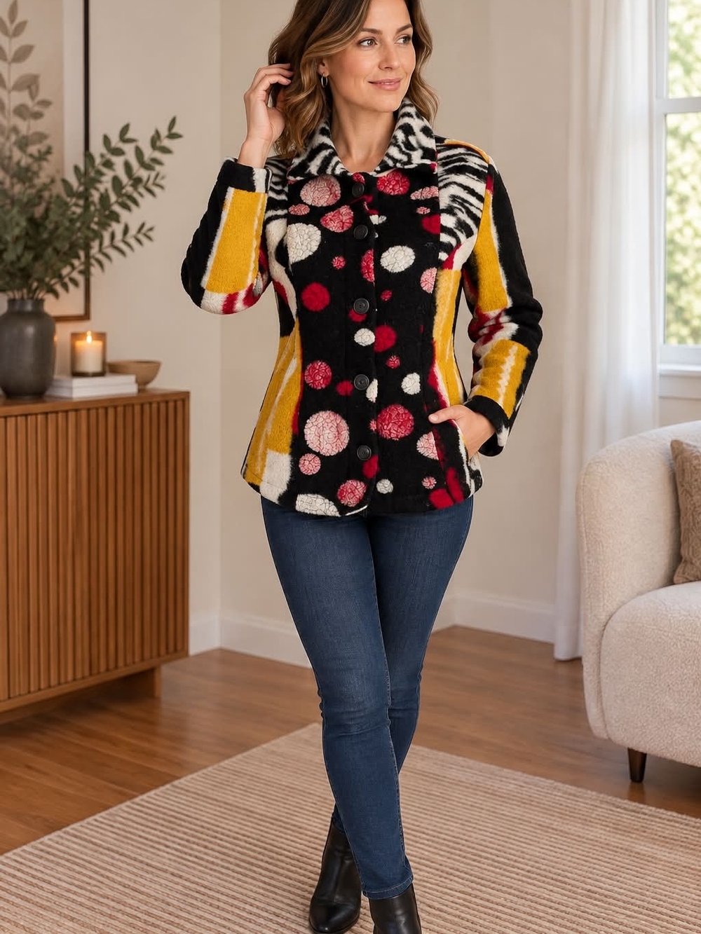 Polka Dot & Stripe Cozy Button-Front Jacket - Black/Mustard/Pink